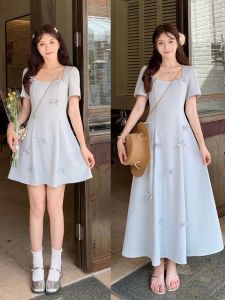 Váy Ngắn Tay Mùa Hè Cho Nữ Cỡ Lớn Váy Dài Thắt Nơ Kiểu Pháp Váy Ôm Eo Mềm Mại Váy Chữ A Váy Công Sở Phong Cách Hàn Quốc