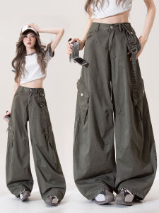 Retro Military Green Utility Style Slimming Wide-Leg Pants