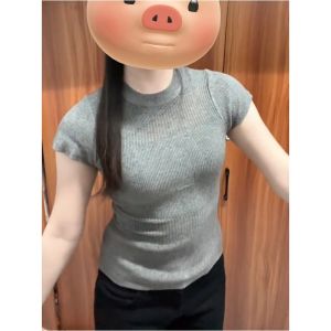 Áo Thun Tay Ngắn Cổ Tròn Bằng Lụa Băng Màu Xám Cho Nữ Mùa Hè Áo Ngắn Khoét Sâu Vai Áo Thun Đa Năng Áo Thun Thường Ngày