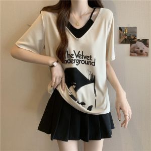 ชุดผู้หญิงไซส์ใหญ่แบบใหม่ฤดูร้อนเสื้อยืดแขนสั้นสำหรับผู้หญิงเสื้อคล้ายใส่สองชิ้นออกแบบพิเศษทรงหลวมคลุมท้องสำหรับสาวอวบ