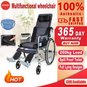 WeBOR Wheelchair For Adult Folded High Back Full Lying Reclining Multifunction Portable Lightweight Aluminum Alloy Steel Structure Safe Wheel Chair With Toilet Troliey Wheelchair For Senior