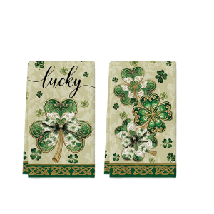 2Pcs St. Patricks Day Gilded Patterned Clover Kitchen Towels 40Cm*60Cm Towel Set Super Absorbent Soft Cleaning Cloth Cooking and Baking Tea Towel Hand Towel Cleaning Cloth Dishcloth Kitchen Decoration Living Room Decoration Kitchen Essential...