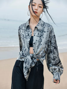Elegant Original Chinese Print Silk Shirt Womens Autumn High Fashion Loose Lazy Versatile Top Quality Polyester Spandex Blend