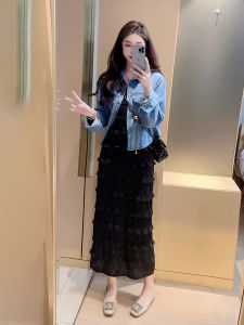 American Style Denim Jacket White French Strap Dress Womens Cake Skirt Spring Autumn Fashion Set Small Size Ladies Outfits