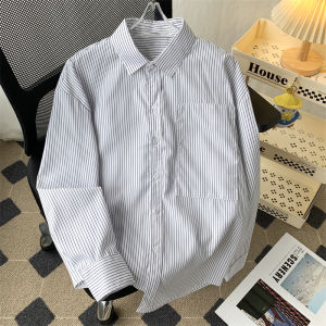 Blue Stripes Shirt Mens Spring and Autumn Japanese Style Couple Loose Long Sleeve Shirt K-style Casual Easiest for Match Handsome Outwear