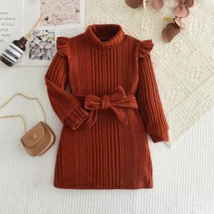 Melario | Girls Woolen Dress 2023 New Childrens Autumn Winter New High Neck Flying Sleeve Lace up Knitted Long Sleeve Dress