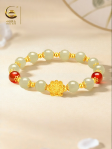 YANGCHUANGSHISHANG | Lotus Pattern Solid Gold Bracelet with Agate and Jade