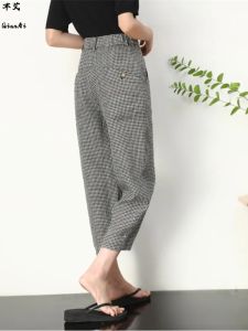 High Waist Harem Pants Womens Thin Cotton Linen Casual Pants Summer Loose Trousers Asymmetrical Commute Style Nine Points