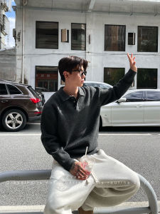 เสื้อโปโลคอปกแขนยาวทรงหลวมสำหรับผู้ชาย OX-FREAK Clean Fit Preppy Style ฤดูใบไม้ร่วง/ฤดูหนาว เสื้อสเวตเตอร์ถัก