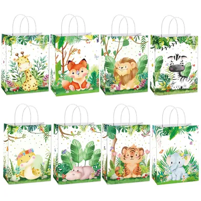 8/16pcs Jungle Animals Candy Gift Bags Biscuit Packing Bag Wild One Safari Gift Bags Kids Birthday Party Decoration Supplies