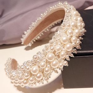 Luxury Headbands Women Shiny Full White Pearl Crystal Beaded Broad Brim Headband Girl Hair Accessories Bridal Headband