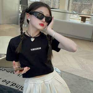 Girls Short Sleeve T-Shirt Short Style Korean Version Cotton Fabric Moisture Wicking Round Neck Print Design for Children And Tweens