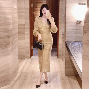 Elegant Long Sleeve Long Dress Slimming Bodycon Evening Gown for Ladies Autumn Winter Fashion Stylish Polka Dot Ball Dress