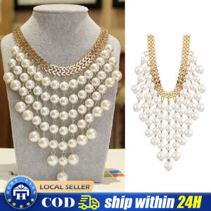Ladys Fashion Statement Pearls Necklace Earrings Jewelry Sets for Party Wedding Prom Beaded Tassels Choker Collar Necklaces