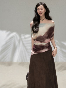 KEIKO | Artistic Dye Irregular Off-Shoulder Ruched Fitted Womens Top