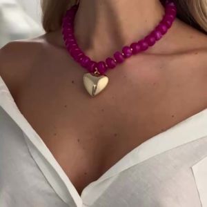 Ingemark | Ingemark Y2K Handmade Colorful Resin Beaded Necklace Women Creative Vintage Gold Color Heart Pendant Choker Neck Summer Jewelry