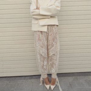 Lace Transparent Womens Pant Drawstring Ruffles All-match Loose Female Trouser 2026 Fashion Streetwear Summer Lady Trousers