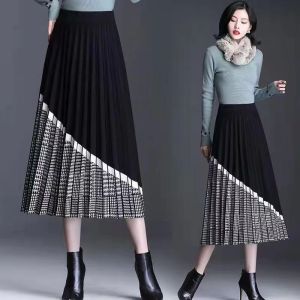 Váy Midi Chữ a Cạp Cao Dệt Kim Kẻ Caro Dày Dặn Cho Nữ Mùa Thu Đông Váy Xếp Ly Bằng Lông Cừu Dài