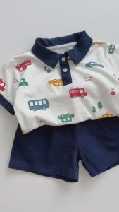 BE203 Set áo polo ô tô quần đùi kaki LOCOBEAR quần áo bé trai phong cách Hàn Quốc