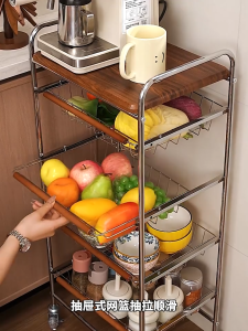 4-Tier Rolling Kitchen Storage Cart Stainless Steel Wood Top Mobile Organizer with Pull Out Mesh Baskets & Brake Wheels