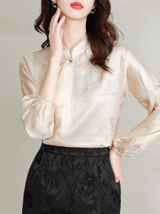 เสื้อเชิ้ตคอตั้งสไตล์จีนใหม่สำหรับผู้หญิง ทรงหลวม แขนยาว ผ้าฝ้ายผสมโพลีเอสเตอร์ ทรงปกติ ฤดูใบไม้ผลิ 2024