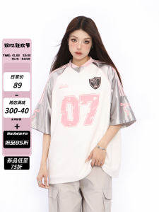 Biggold American Style Shoulder Splice Short Sleeve T-Shirt Women Summer Silver Sportswear V-neck Creative Print Oversize