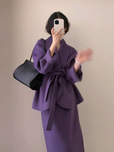 ฤดูใบไม้ร่วง ฤดูหนาว ชิค วินเทจ สีม่วง ขนสัตว์ ชุดสูท ชุด ผู้หญิง ชุดแฟชั่น สไตล์เกาหลี ชุดสองชิ้นลมกลิ่นหอมขนาดเล็ก