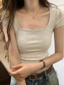 Áo Thun Nữ Màu Xám Ôm Vừa Vặn Tay Ngắn Cổ Vuông Gợi Cảm Mùa Hè Phong Cách Mỹ Đa Năng Chất Liệu Cotton Thường Ngày Thời Trang Thu Đông