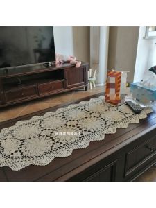 Handmade Crochet Cotton Thread 637 Oval Lace Tablecloth Coffee Table Cover Towel American Style Nostalgic Vintage Northern Europe Table Runner Beige