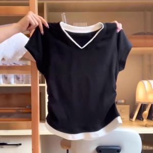 Chic Korean Style Color Block Short Sleeve T-Shirt Womens Slim Fit Folded Waist Summer Top Pure Cotton round Neck Short Length