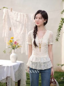 Áo Blouse Tay Ngắn Ren Phong Cách Pháp Màu Trắng Apicot