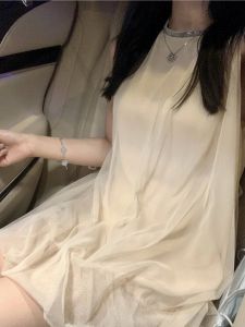 Elegant French Style Sleeveless Dress Womens Summer Fairylike Mesh Puffy Short Skirt Small Size round Neck A-Line Dress