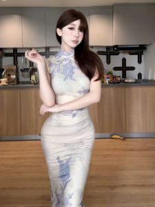New Chinese Style Printed Sleeveless Waist-Cinched Maxi Dress Womens Summer Fashion plus Size Wrap Bodycon Qipao Dress