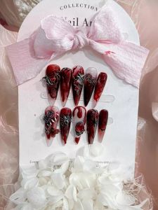 2024 Handmade Halloween Harry Potter Themed Nail Tips Wearing False Nails Black And Red Cool Design Broom Riding False Nails