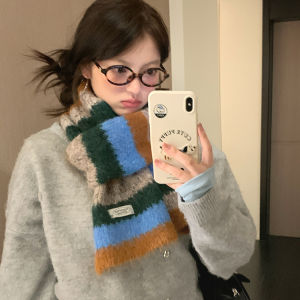 Korean Style Autumn Winter Stripe Knitted Scarf Womens Wool Blend Warmth Neck Warmer Fashionable Versatile Rectangle Shape