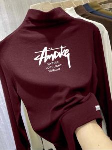 Pure Cotton Mock-Neck T-shirt Bottoming Shirt Autumn and Winter New Arrival Loose Oversized Cover Belly Thin Long Sleeves Retro Tops Women