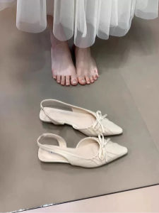 รองเท้าแตะส้นเตี้ยผูกโบว์หนังสัตว์ รองเท้าแตะแบบสวมหัวสำหรับผู้หญิง ทรงหัวแหลม ทรงหัวมน ทรงหัวมน สไตล์เกาหลี ฤดูร้อน 2025