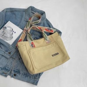 Korean Style Casual Canvas Bucket Bag Womens Crossbody Bag Simple Commuter Handbag Soft Handle Large Size Shoulder Bag