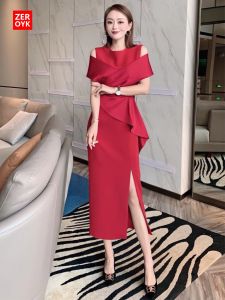 Zeroyk High-End Ladies Graceful Formal Dress off-the-Shoulder Split High Waist Slimming Office Lady Skirt Stylish Dress Women