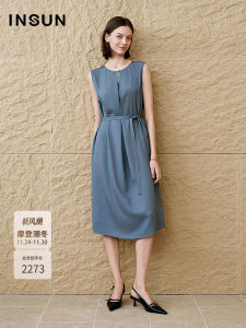 Insun Autumn Oxygen Sensation Sleeveless Pleated Acetate Dress Simple Commute Pure Color Waist Cinched H Version Midi Dress