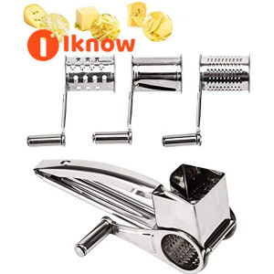 I know Rotary Cheese Grater - Vegetable Stainless Steel Cheese Grater Shredder Cutter Grinder with 3 Drum Blades (Silver)
