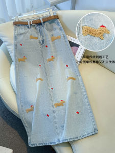 Váy Denim Thêu Cạp Cao Cho Nữ Mùa Thu Cỡ Lớn Váy Chữ a Dài Đến Giữa Bắp Chân Phong Cách Mới Váy Chữ a Cạp Cao