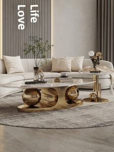 Luxury Modern Italian Rock Board Pandora Coffee Table Stainless Steel Oval Living Room Simple Designer Creative Tea Stage