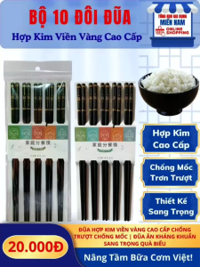 Set 10 Đôi Đũa Hợp Kim Khảm Vàng Chống Mốc Chống Trượt | Đũa Ăn Cơm Cao Cấp Thiết Kế Sang Trọng Bền Đẹp