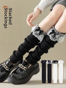 JINGCHI | Lolita Lace Trim Stocking Socks Womens Cute Butterfly Knot Thickened Mid-Calf Leg Shaping Socks For Slimmer Legs