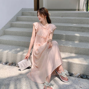 Pink Floral Print Summer Dress Womens Sweet French Style Cover Belly Slimming Long Skirt A-Line Silhouette Commute Style