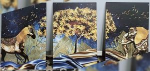 3pcs/Set Golden Rich Tree Wall Painting Deer Landscape Lucky Stone for Living Room Decor