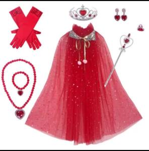 Sparkly Star Speck Sheer Cloak Accessory Kit Toddler Red Heart Gem Crown Scepter Pearl Long Satin Gloves Holiday Party Outfit