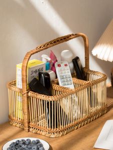 naturalcraft Desktop Remote Control Storage Basket Hand-woven Rattan 4 Compartments Storage Dresser Storage Rack Tableware Storage Basket