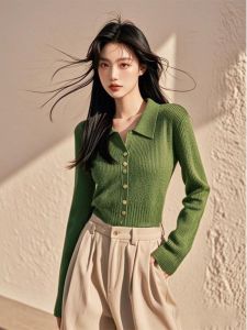 WANGGONGZHU | Slim Fit Polo Neck Knitted Sweater Womens Spring Autumn Thin New Fashion Korean Style Green Cardigan Breathable Comfortable